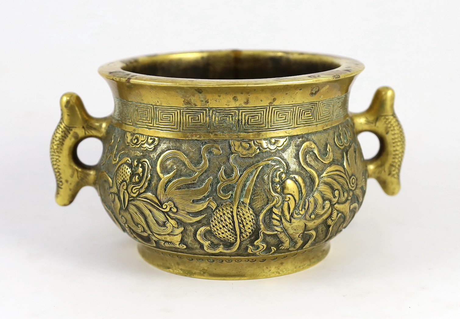 A Chinese polished bronze ‘Buddhist lion’ censer, gui, 19th century, 19.5cm wide, rim diameter 14cm